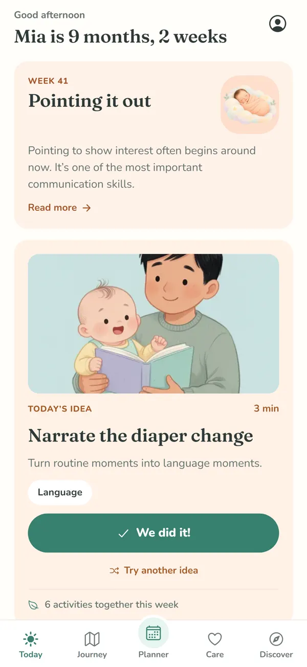 Bumpling Today screen: this week's update and today's play idea