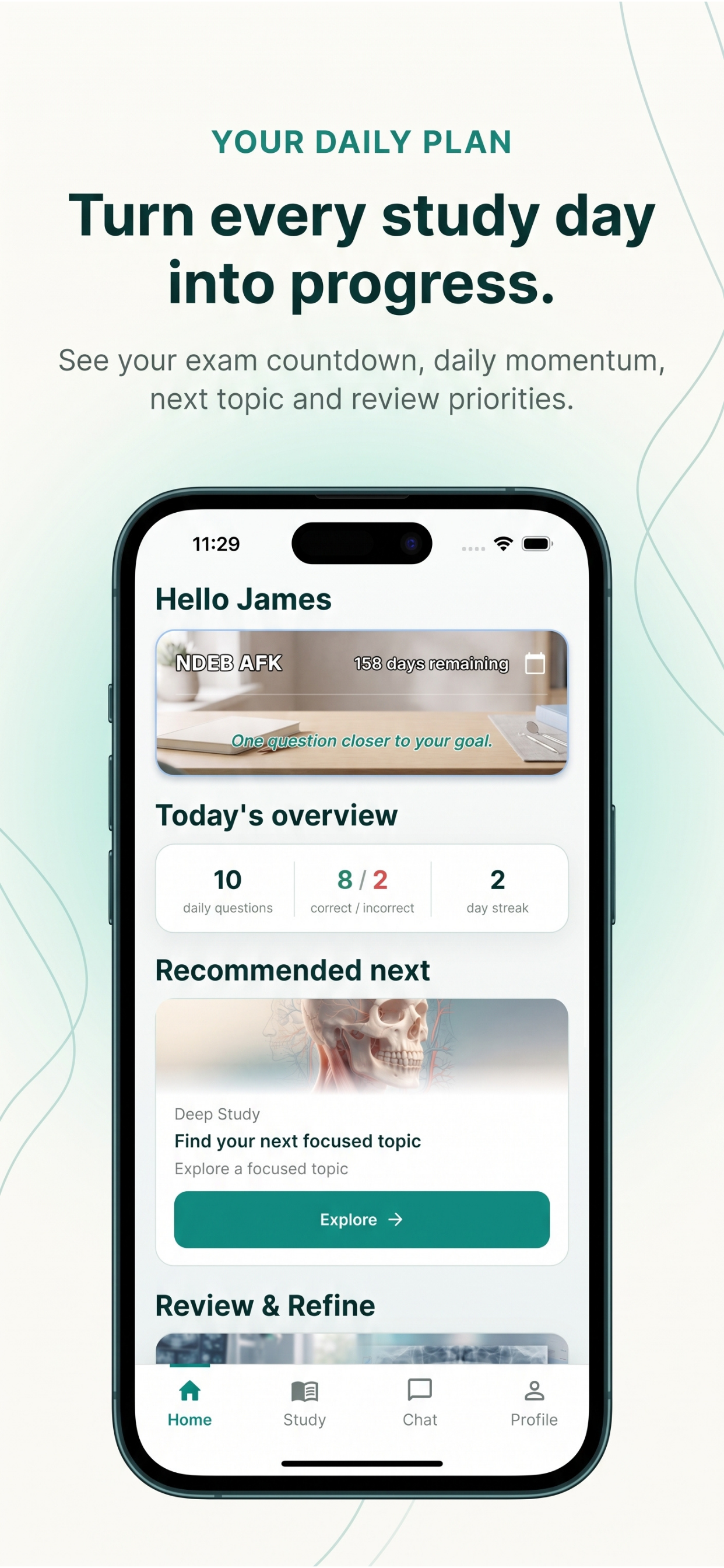DentistUP daily plan — exam countdown, daily momentum, next topic and review priorities