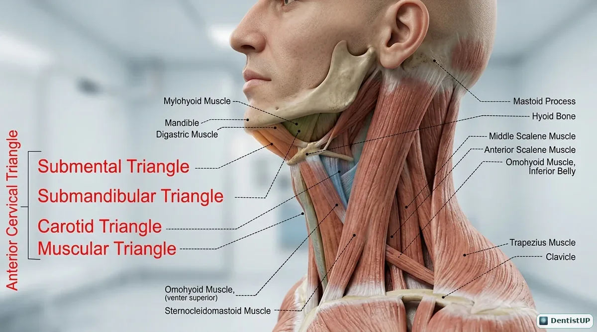 Lateral neck showing the submental, submandibular, carotid and muscular triangles of the anterior cervical triangle