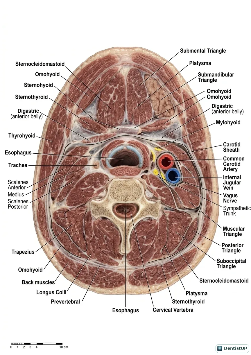 Detailed axial section of the neck with the triangles, muscles, trachea, oesophagus, thyroid gland, carotid sheath and cervical vertebra labelled