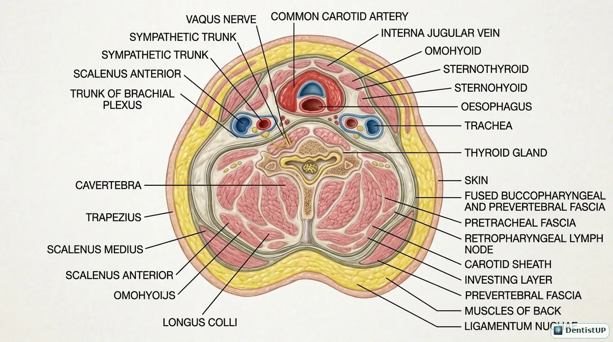 Axial section of the neck showing the investing, pretracheal and prevertebral layers of deep cervical fascia, the carotid sheath and retropharyngeal space