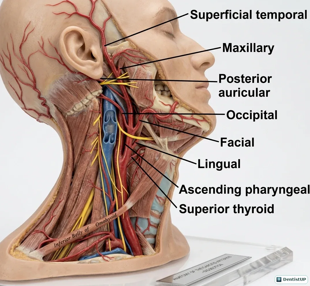 Neck and face dissection showing the superior thyroid, lingual, facial, ascending pharyngeal, occipital, posterior auricular, maxillary and superficial temporal arteries