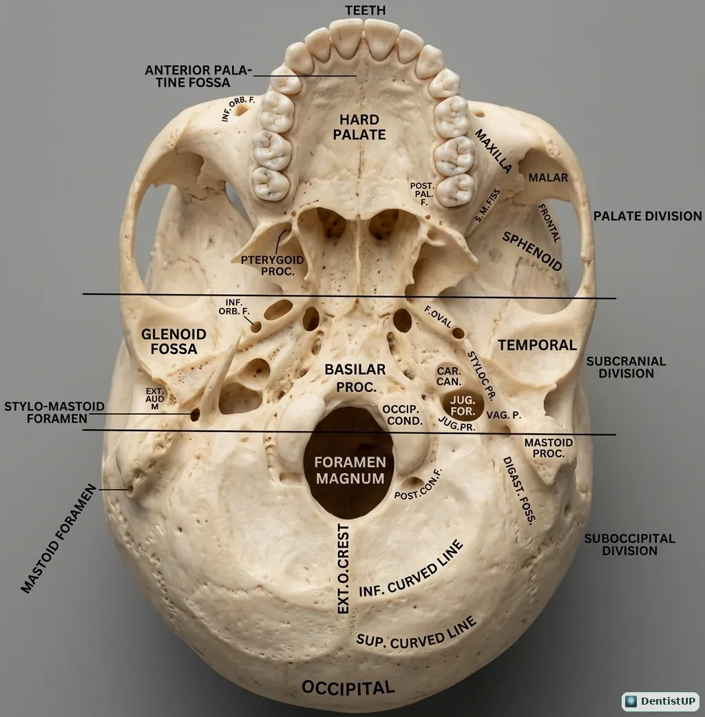 Inferior view of the skull base with the hard palate, foramen magnum, stylomastoid foramen, glenoid fossa and occipital condyles labelled