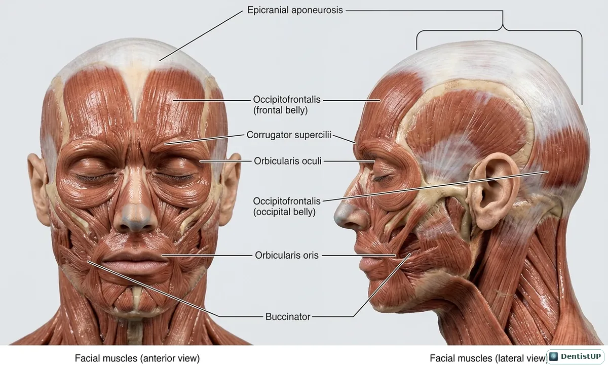 Anterior and lateral views of the facial muscles with occipitofrontalis, corrugator supercilii, orbicularis oculi, orbicularis oris and buccinator labelled