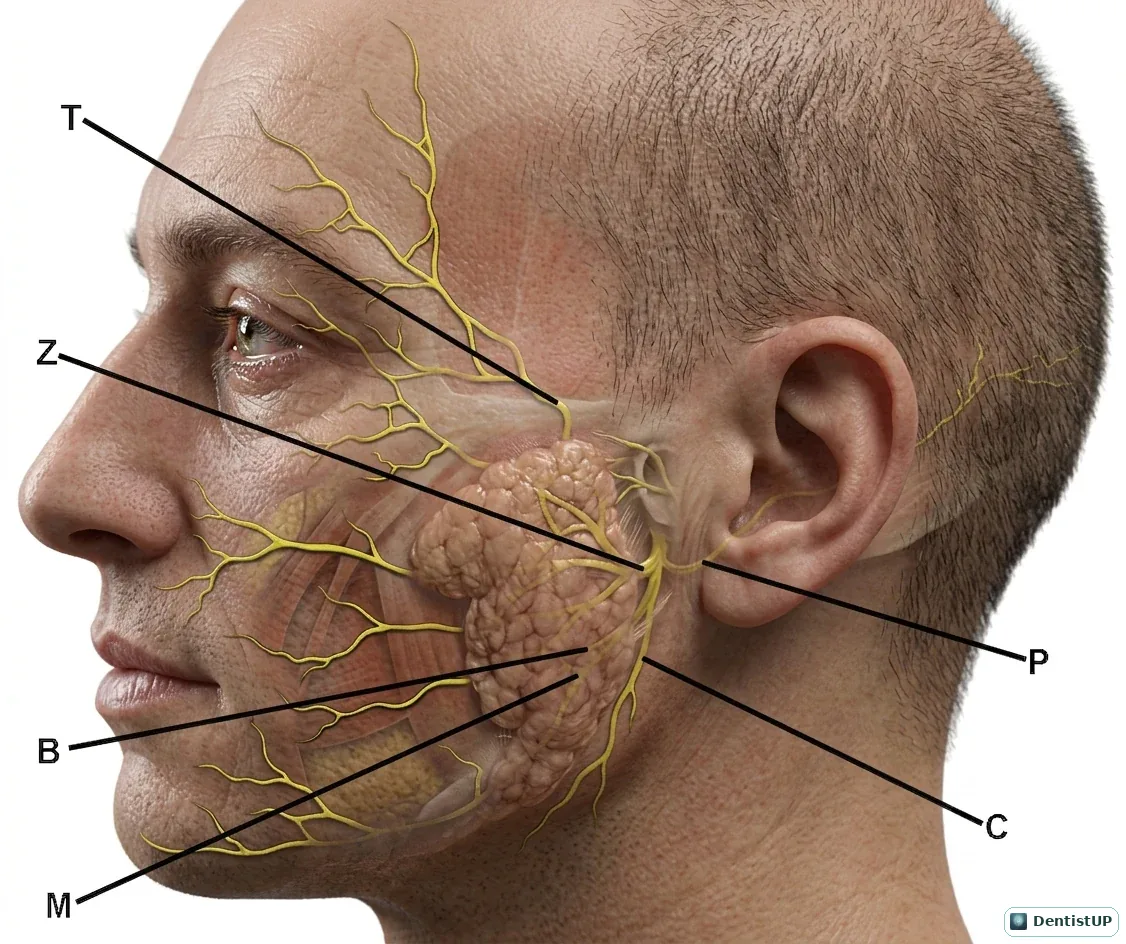 Face in lateral view showing the temporal, zygomatic, buccal, marginal mandibular and cervical branches of the facial nerve fanning out from the parotid gland
