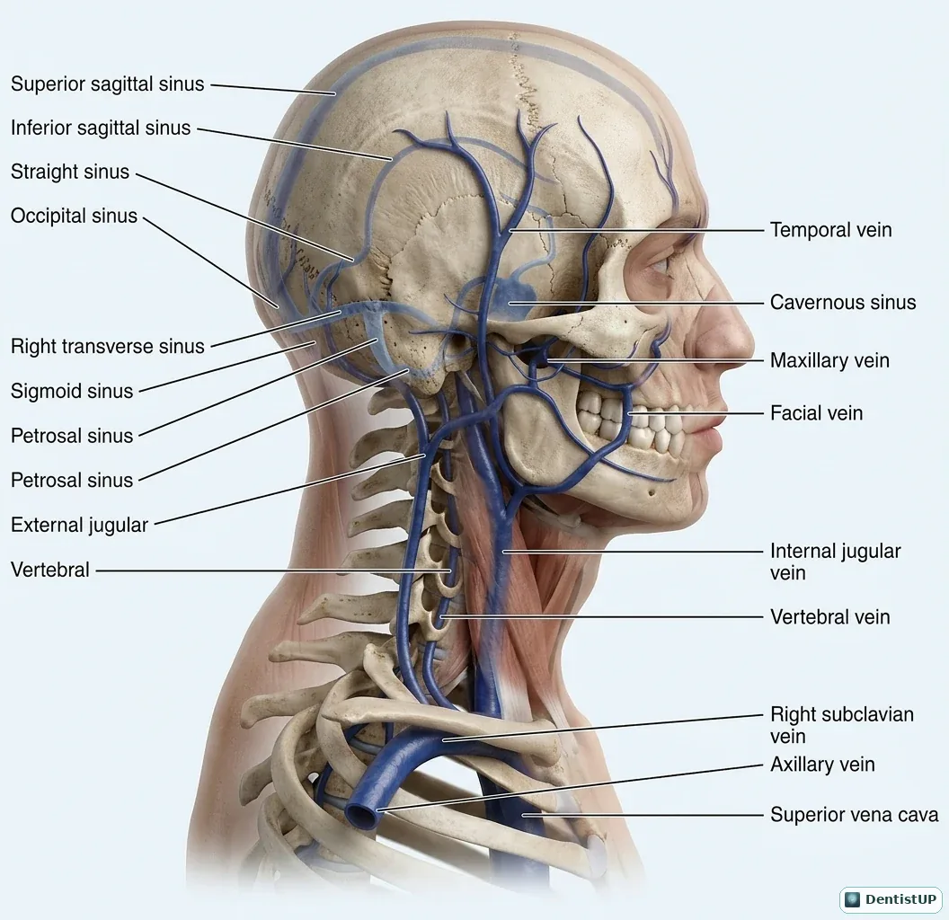Head and neck showing dural venous sinuses, cavernous sinus, facial, maxillary and temporal veins, internal and external jugular veins draining to the superior vena cava