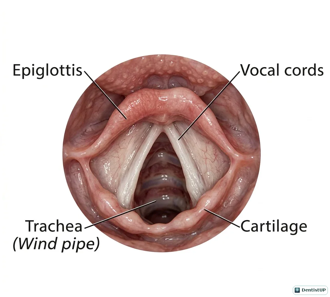 View of the larynx from above showing the epiglottis, vocal cords, cartilages and the trachea below