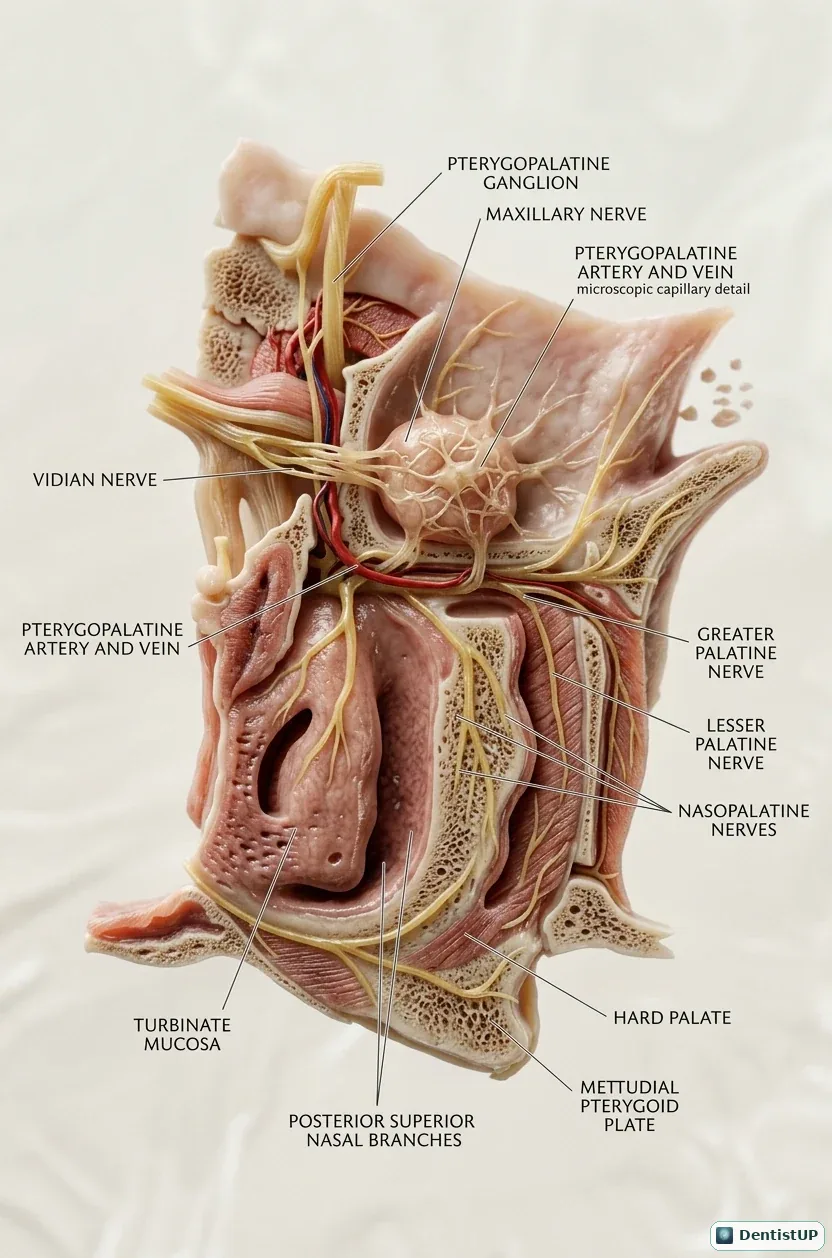 Lateral nasal wall showing the pterygopalatine ganglion, nasopalatine and greater and lesser palatine nerves and the conchae and meatuses