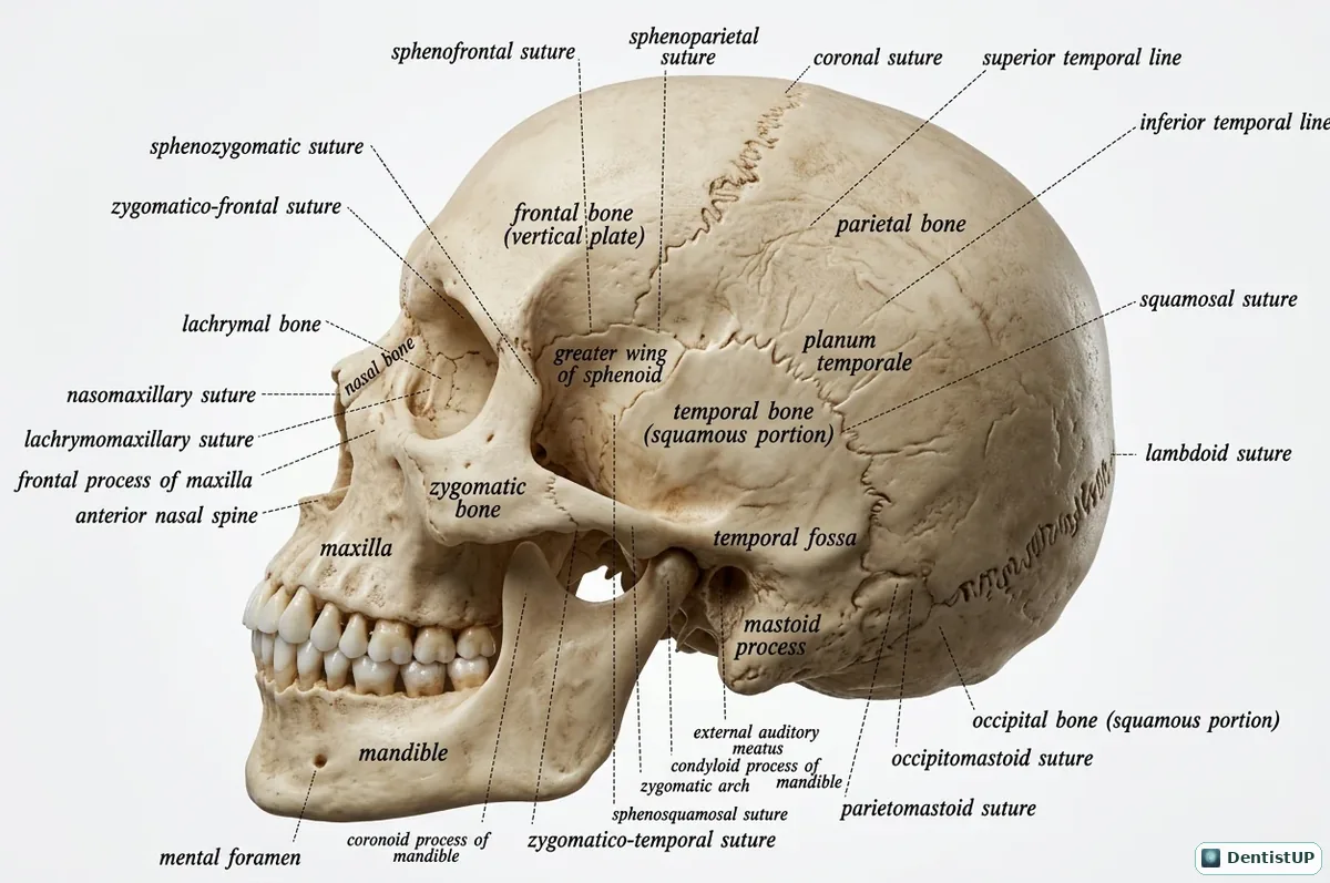 Lateral view of the skull with sutures, the temporal fossa, zygomatic arch, mastoid process, external acoustic meatus and mandible labelled