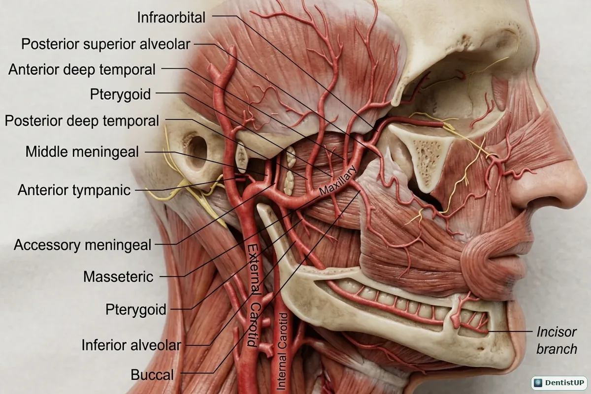 Lateral dissection of the infratemporal fossa showing maxillary artery branches including the middle meningeal, inferior alveolar, deep temporal, masseteric, pterygoid, buccal, posterior superior alveolar and infraorbital arteries