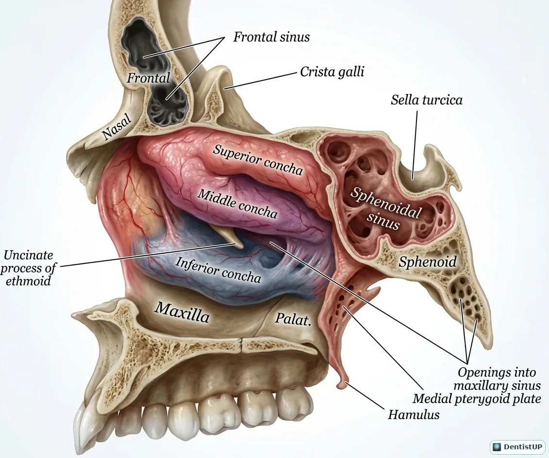 Sagittal view of the lateral nasal wall with superior, middle and inferior conchae, frontal and sphenoidal sinuses, maxilla and the openings into the maxillary sinus