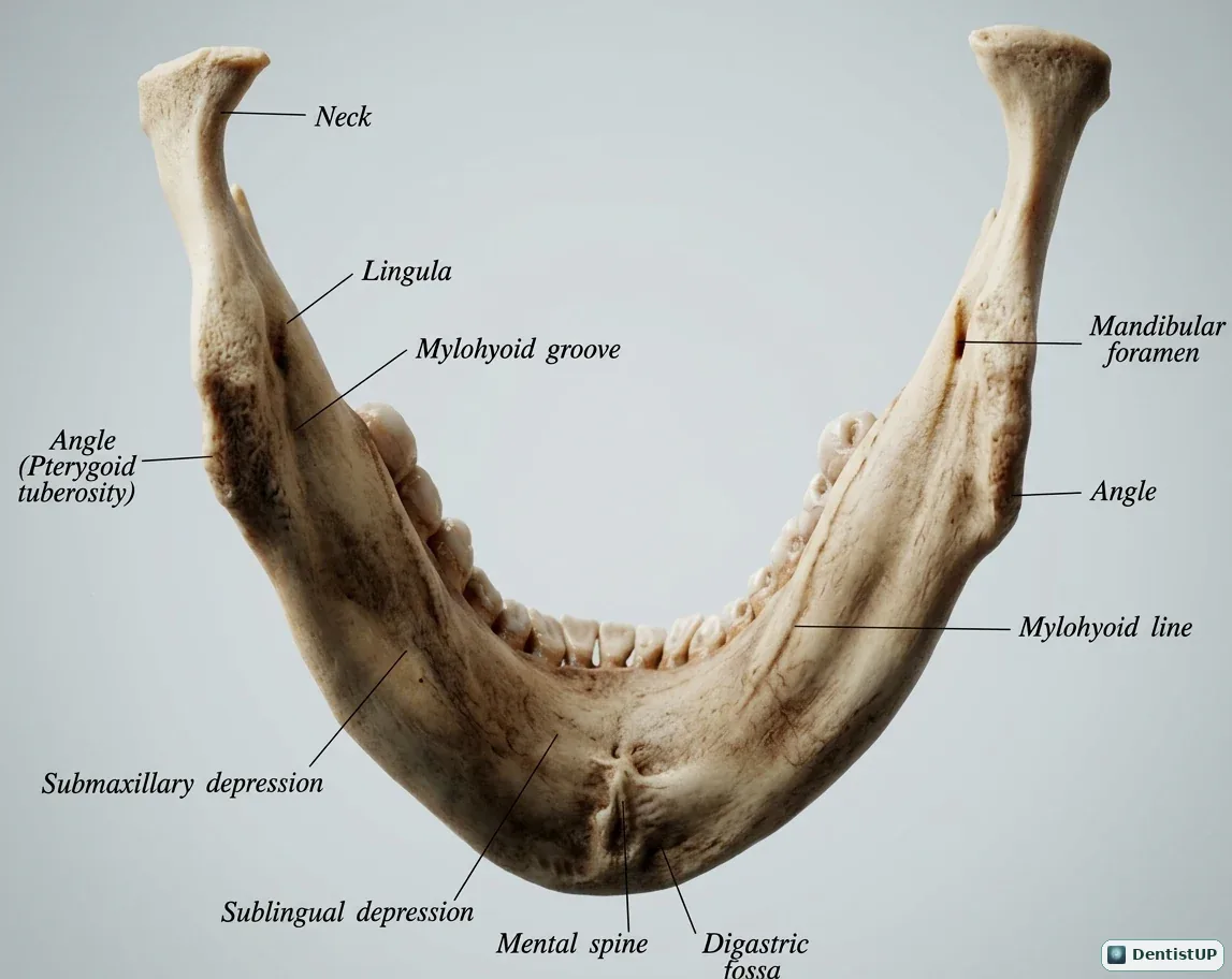 Medial view of the mandible showing the mandibular foramen, lingula, mylohyoid groove and line, submandibular and sublingual fossae, genial tubercles and digastric fossa
