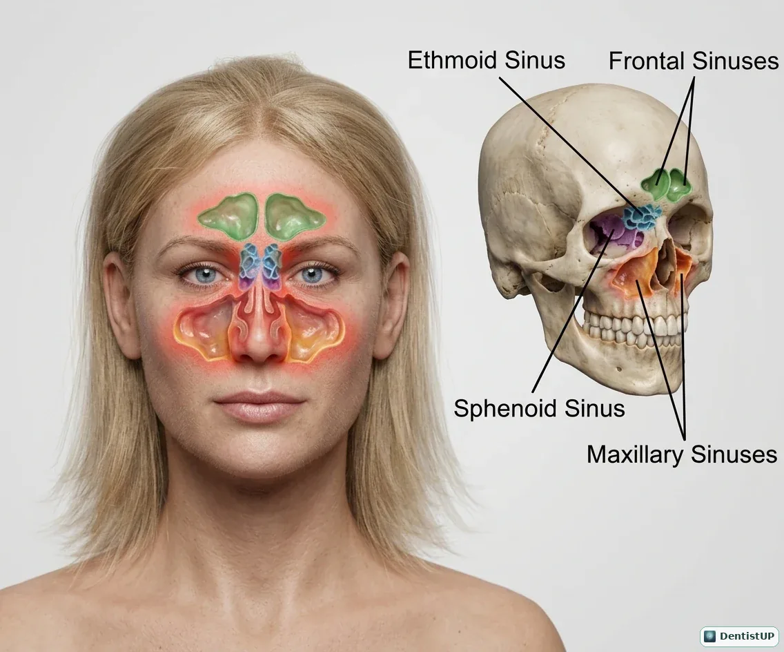 Face and skull showing the frontal, ethmoid, sphenoid and maxillary sinuses in colour