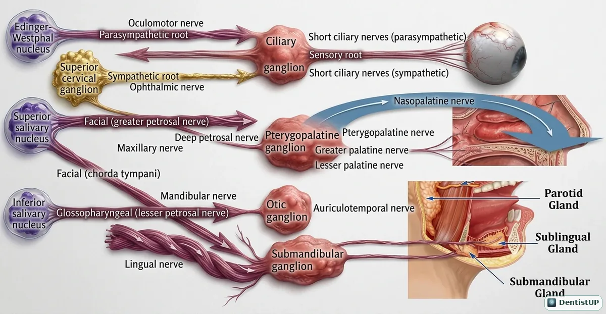 Schematic of the ciliary, pterygopalatine, otic and submandibular ganglia with their parasympathetic roots and target glands