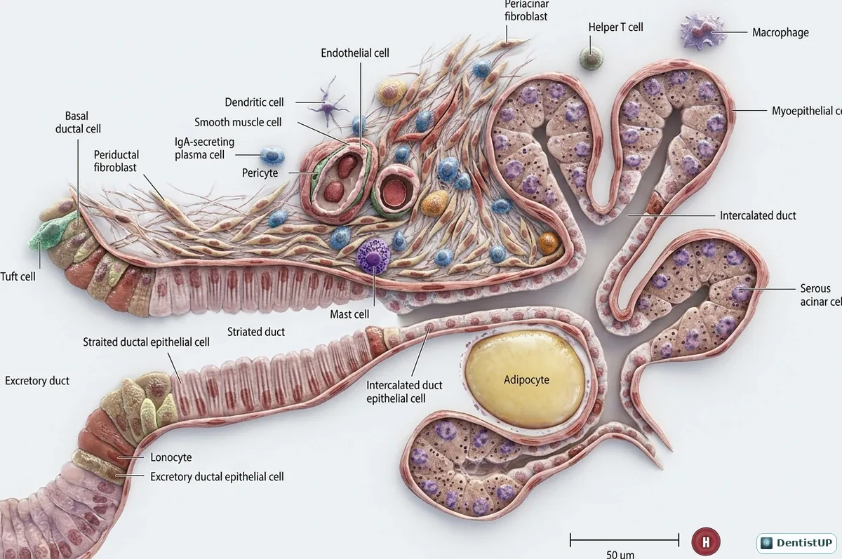Microanatomy of the parotid gland showing serous acini, myoepithelial cells, intercalated, striated and excretory ducts, plasma cells and adipocytes