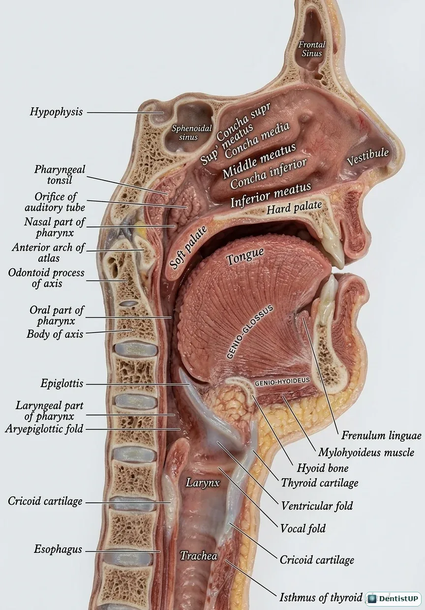 Midsagittal section of the head and neck showing the nasopharynx, oropharynx and laryngopharynx, soft palate, epiglottis, vocal folds, hyoid, thyroid and cricoid cartilages