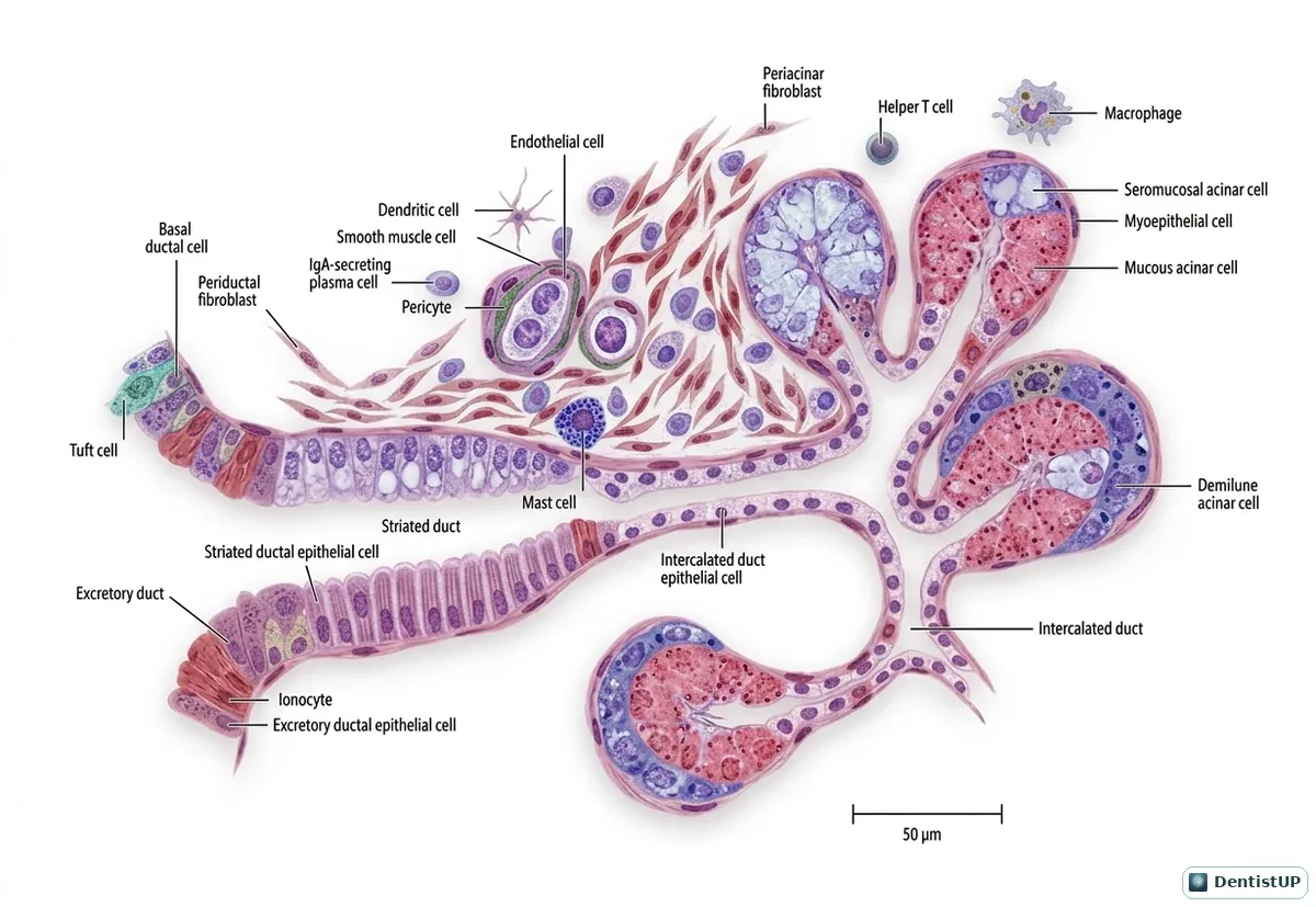 Microanatomy of the submandibular gland with serous acini, mucous acini, serous demilunes, myoepithelial cells and intercalated, striated and excretory ducts