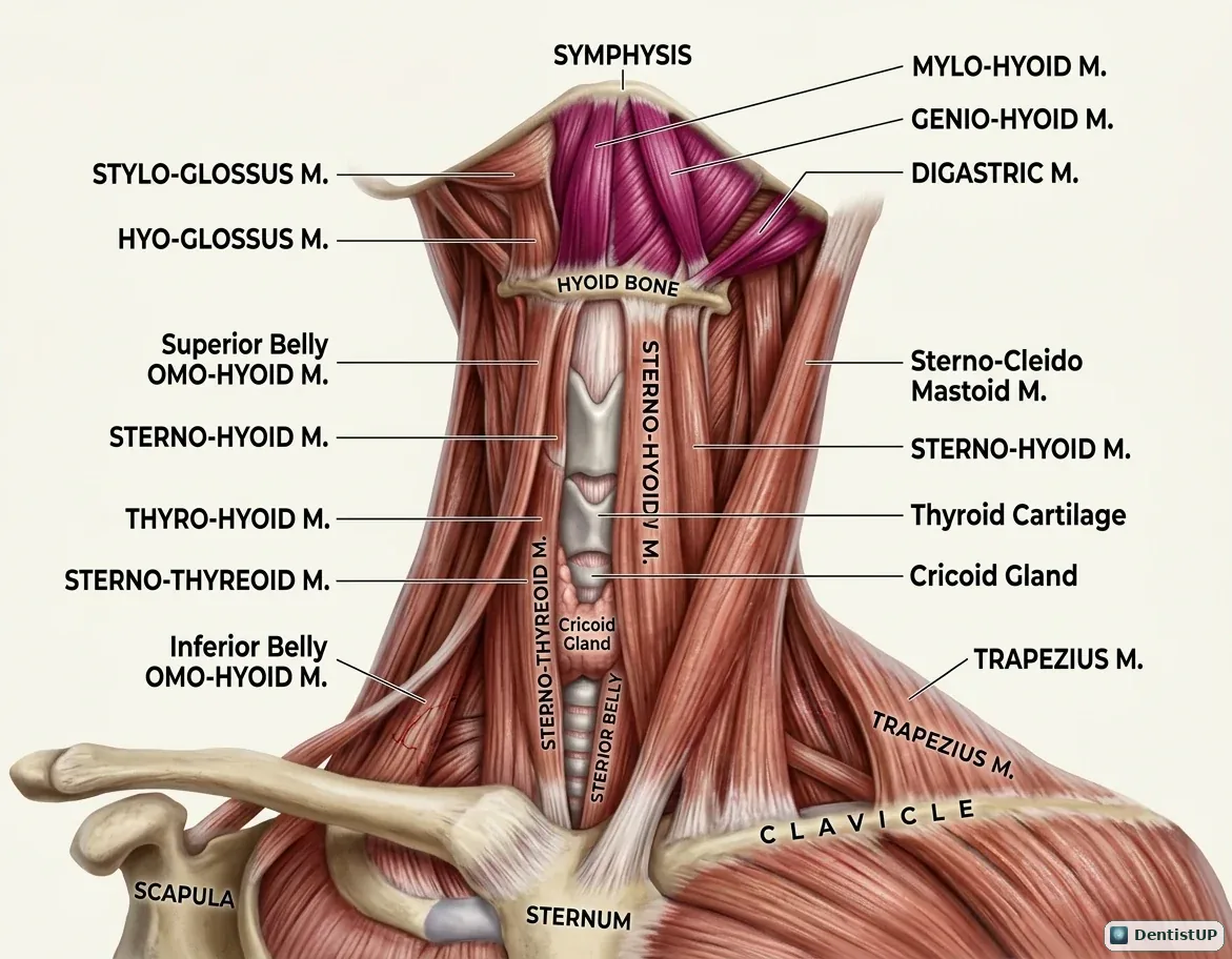 Anterior neck muscles with mylohyoid, geniohyoid, digastric, stylohyoid, sternohyoid, omohyoid, thyrohyoid and sternothyroid labelled around the hyoid bone