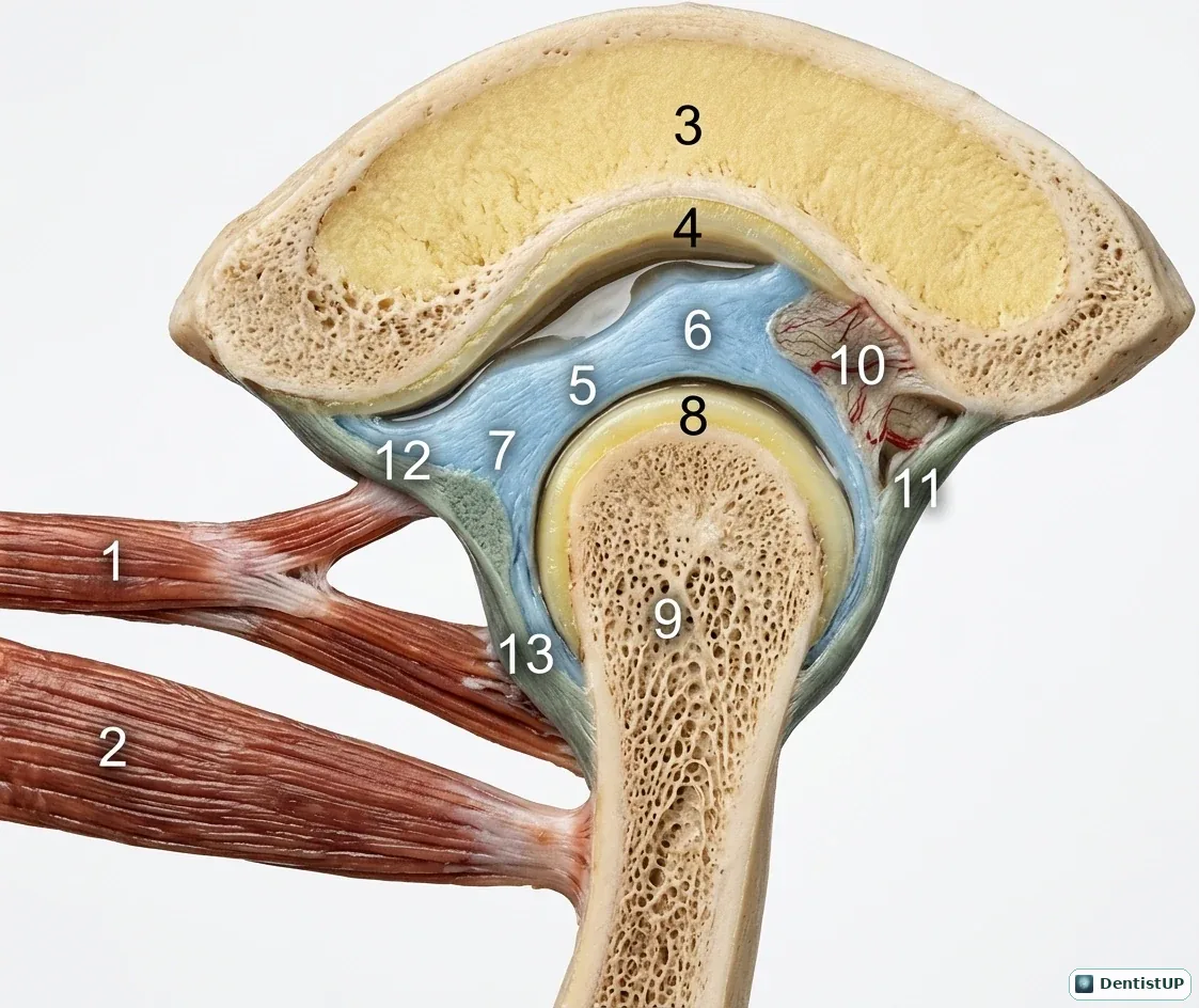Numbered sagittal illustration of the temporomandibular joint with the condyle, articular disc, joint spaces, retrodiscal tissue and lateral pterygoid heads