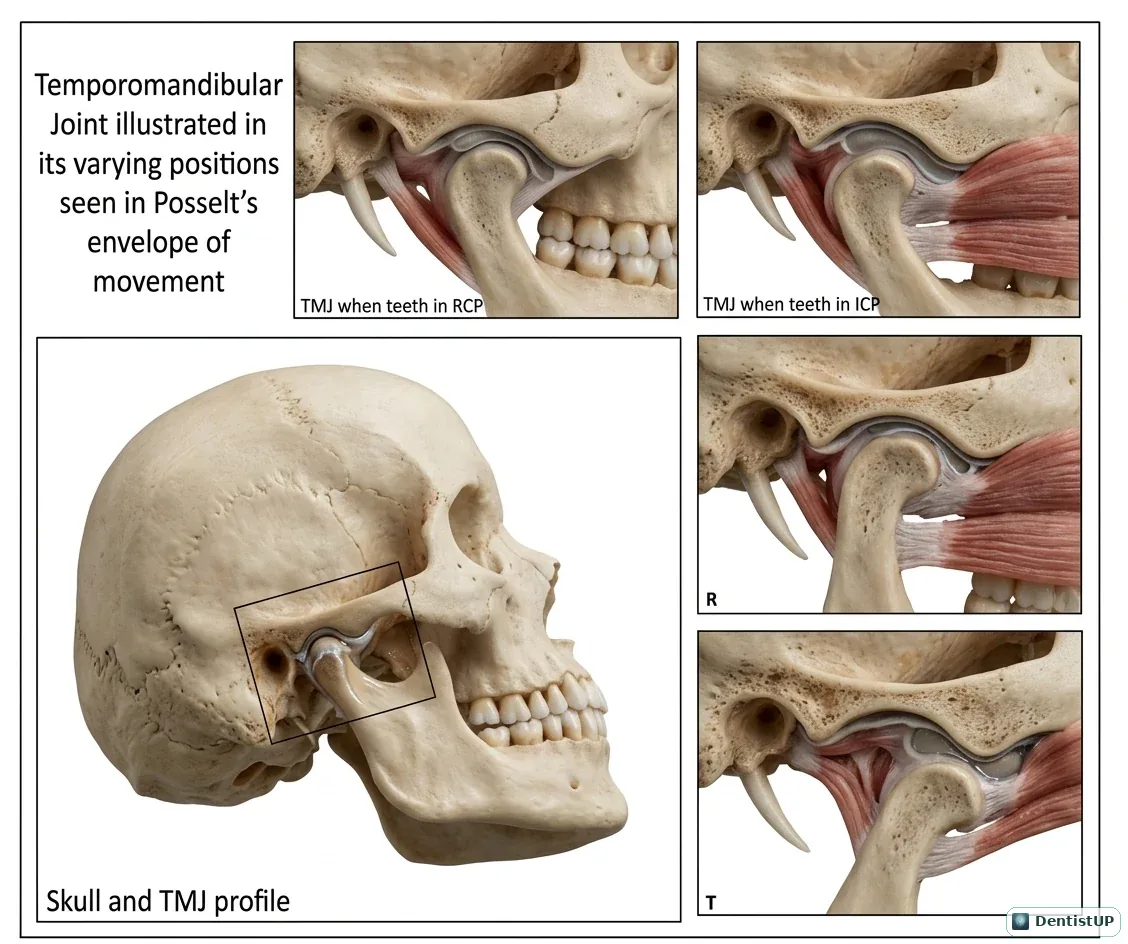 Series of TMJ views in different jaw positions within Posselt's envelope of motion, showing the condyle rotating and translating onto the articular eminence
