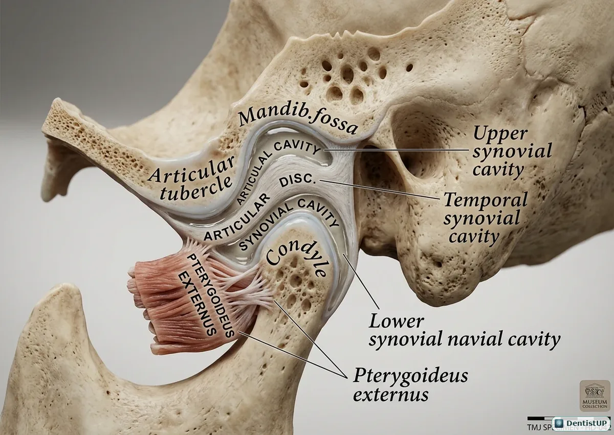 Sagittal section of the temporomandibular joint showing the mandibular fossa, articular tubercle, articular disc, upper and lower synovial cavities, condyle and lateral pterygoid