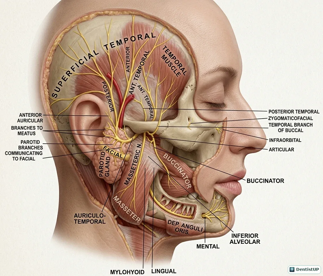 Lateral head dissection showing branches of the trigeminal nerve including the auriculotemporal, buccal, inferior alveolar, lingual, mylohyoid, mental and infraorbital nerves