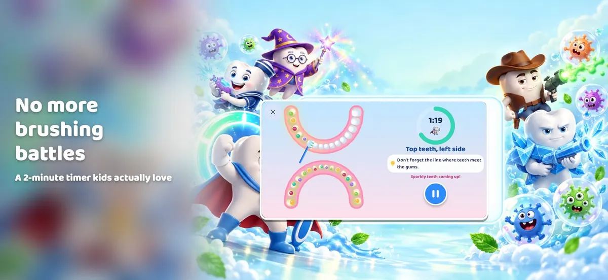 Molar Squad brushing timer guiding a child through the four zones of the mouth