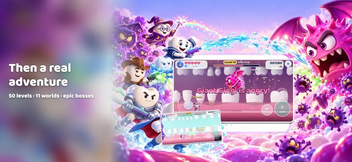 Molar Squad adventure level with tooth heroes fighting a germ boss