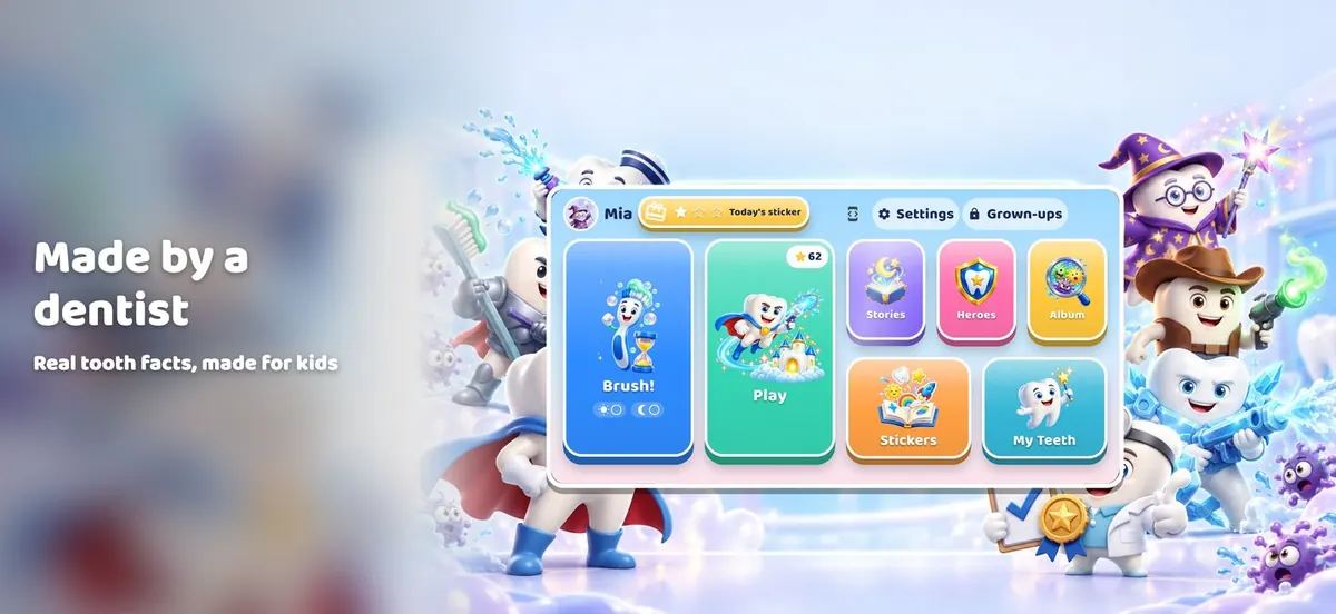 Home screen of Molar Squad with brushing, play, facts and stories