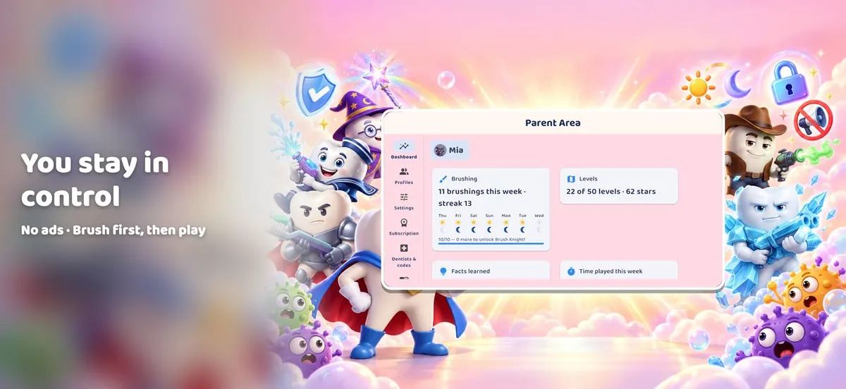 Molar Squad parent area with the brushing calendar and play settings