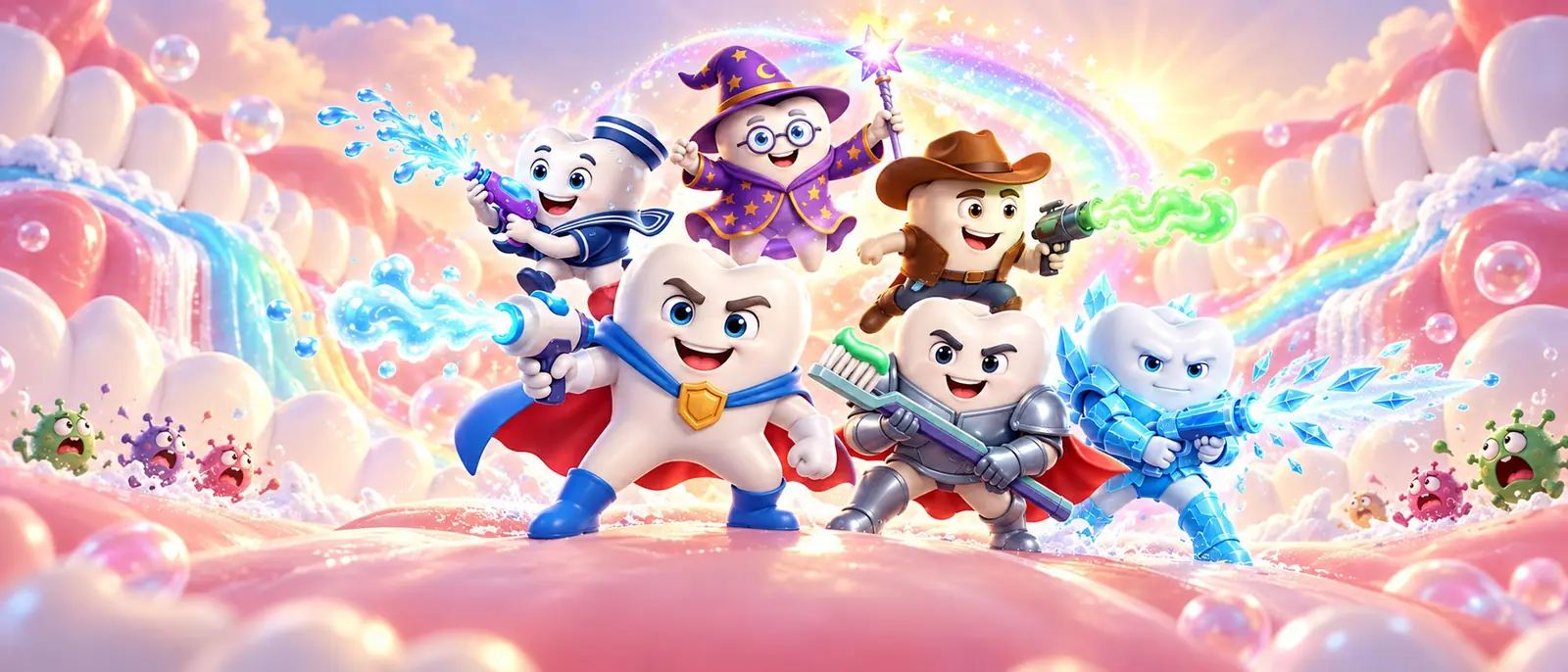 The Molar Squad tooth heroes blasting germs inside a sparkling mouth