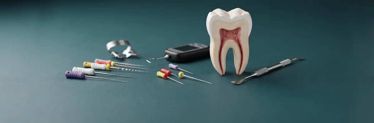 Styled product scene of endodontic files and instruments beside a tooth model