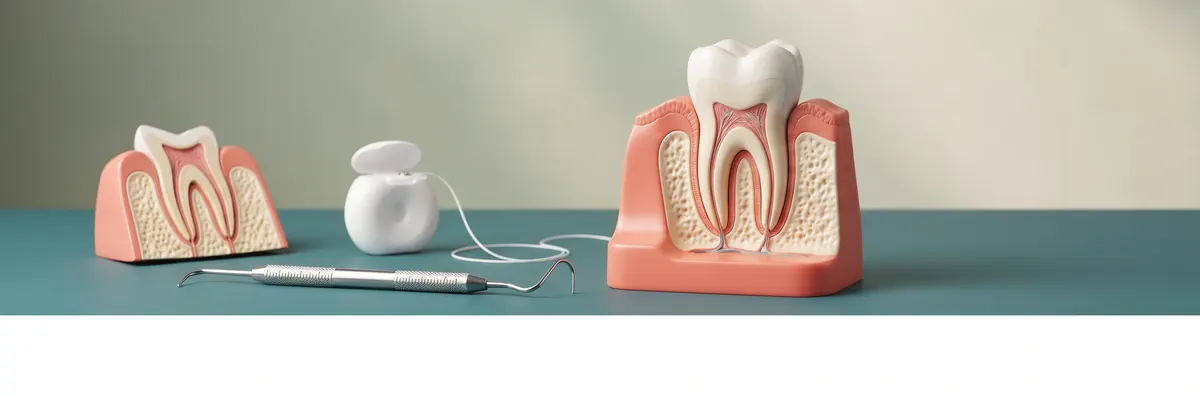 Periodontal models, floss and a probe arranged for patient education