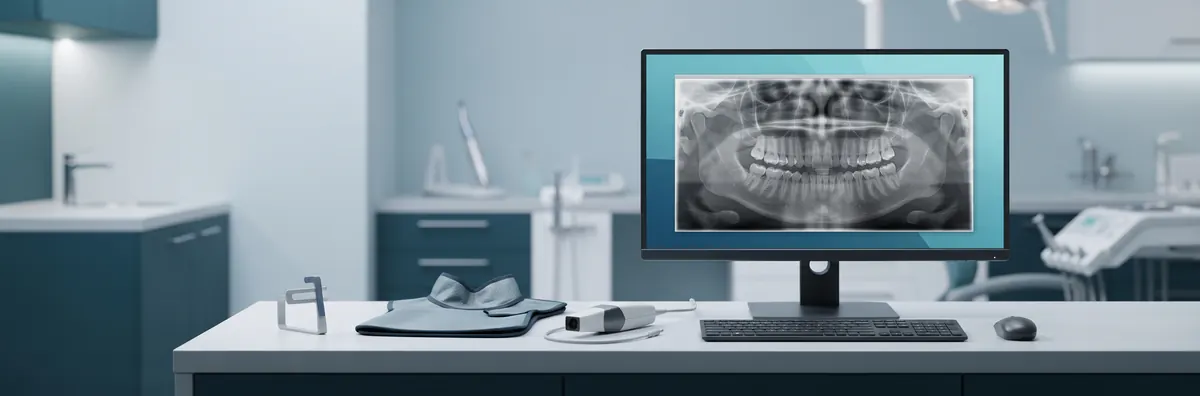 Dental clinic workstation with a panoramic radiograph on screen