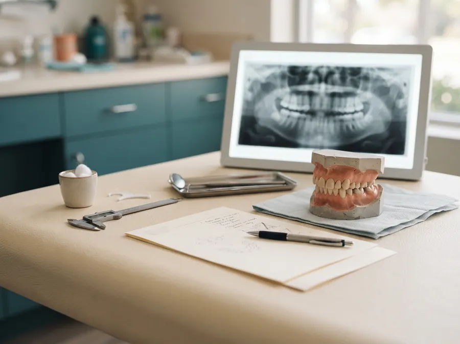 Dental clinic desk with a panoramic radiograph, dental models and case notes