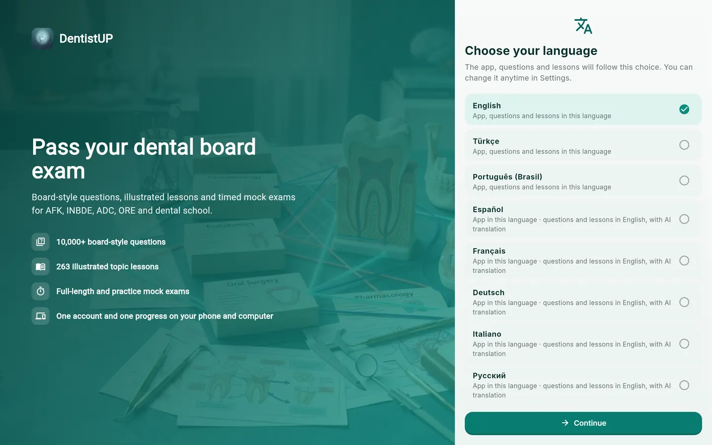 DentistUP web uygulamasında dil seçimi: English, Türkçe, Português (Brasil) ve diğer diller
