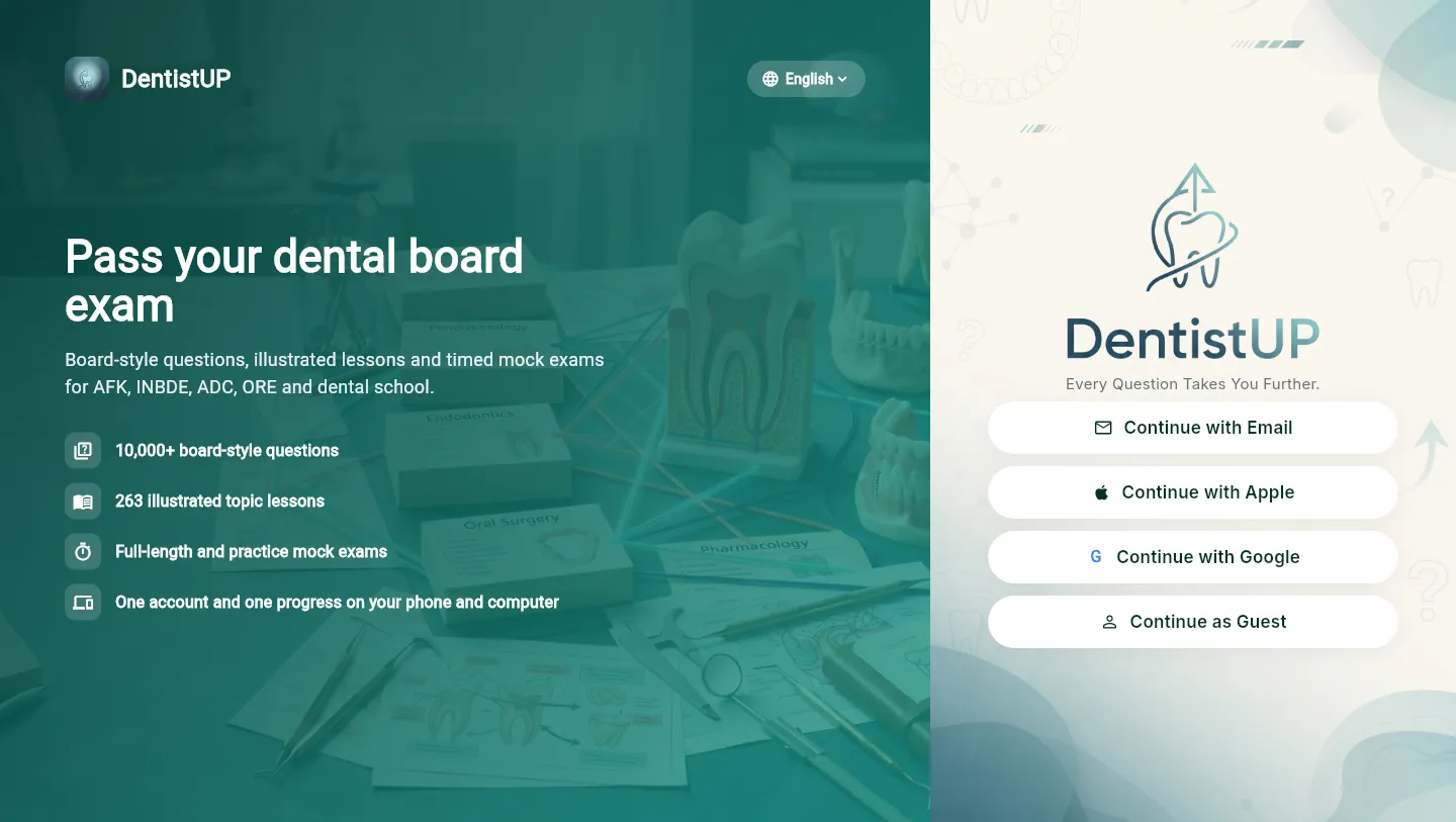 Masaüstü tarayıcıda DentistUP web uygulamasının giriş ekranı: e-posta, Apple, Google ve misafir seçenekleri